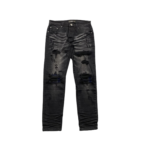 Calça Jeans Skinny Xadrez Preto Azul Rasgado